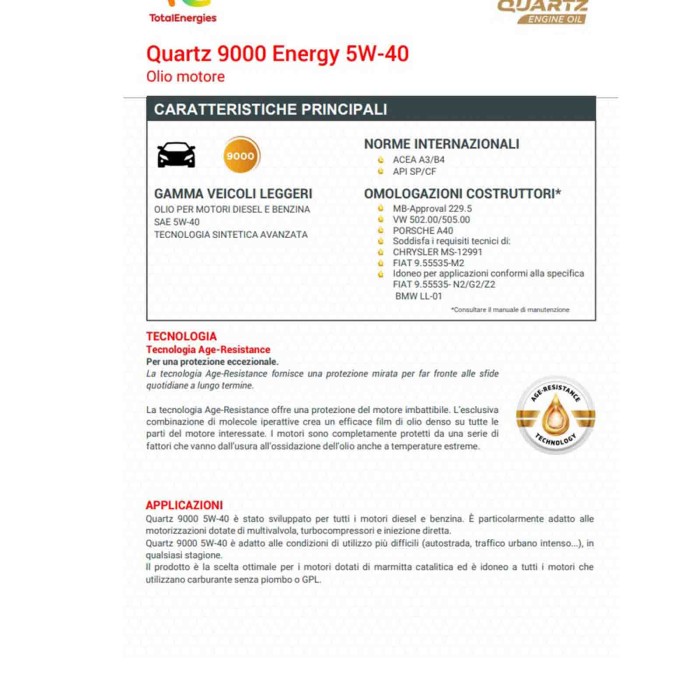 TOTAL-QUARTZ-9000_1.jpg Total Quartz 9000 Energy 5w-40 Olio Motore Benzina Gpl E Diesel Fap Dpf 6 Litri