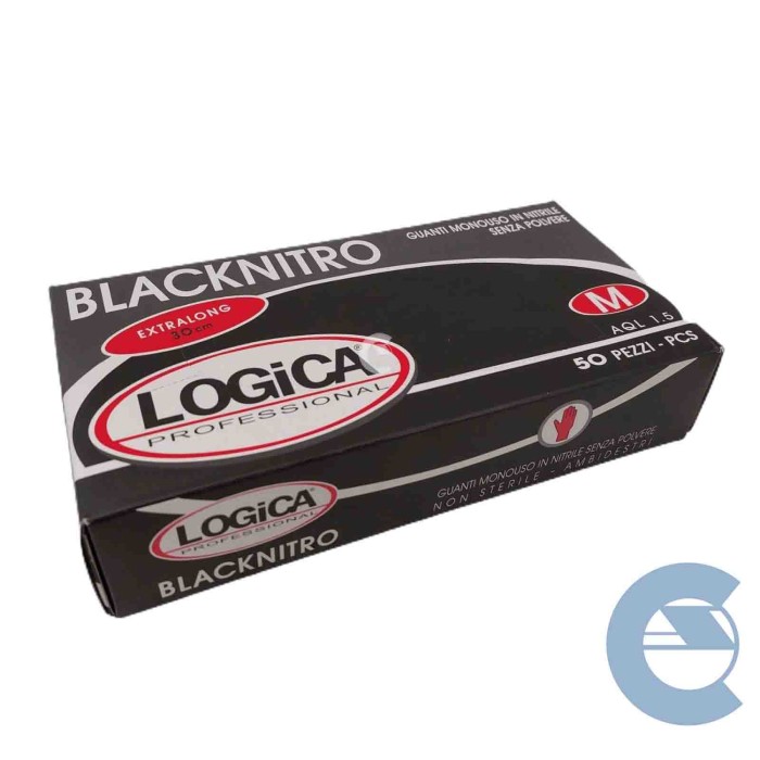 GUANTI-NERI-M-LATERALE-1-LOGO.jpg Logica Guanti Professionali Monouso Nero In Nitrile Senza Polvere Taglia M 50 Pz
