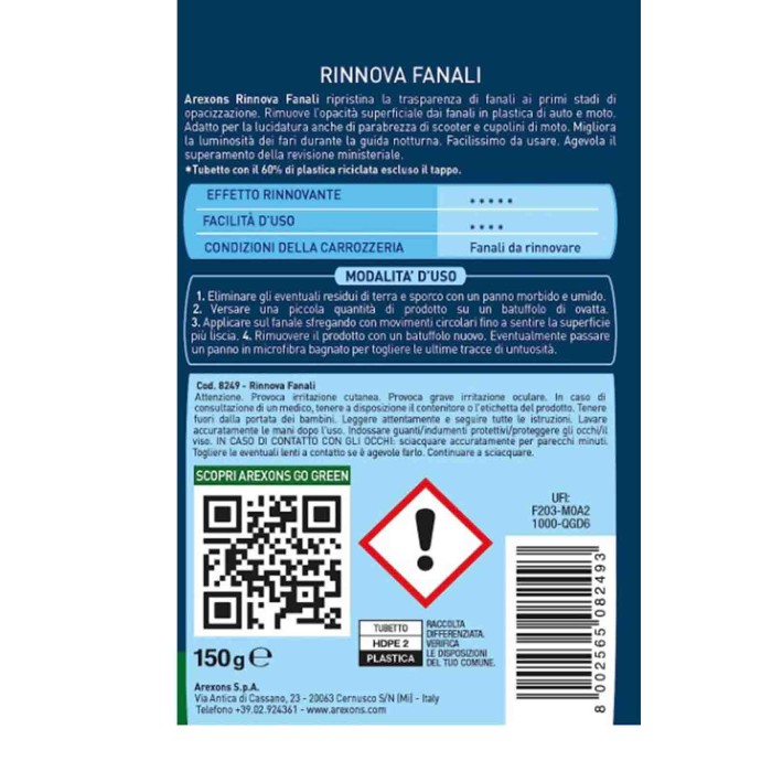 8249_3.jpg Arexons Rinnova Fanali 8249 Kit Promo 5 Pezzi X 150gr Pasta Ripristina Trasparenza Fanali