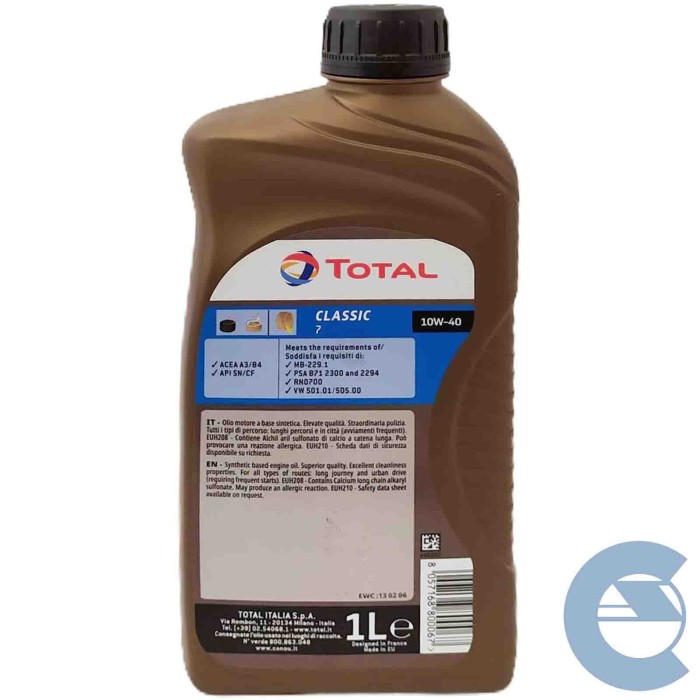 Total Classic 7 10w40 Olio Motore Auto Benzina Diesel E Furgoni Leggeri