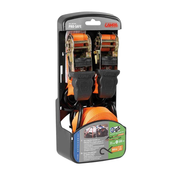 60166-C-01.JPG Pro Safe Set 2 Nastri Tensori Con Cricchetto A Doppio Gancio "s" 500 Cm Nastri Tensori Portabiciclette