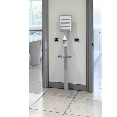 38189-S-01.JPG Piantana Per Barattolo Ø 100 Mm Max Con Mensola Porta Guanti O Mascherine 25x153x30 Cm Igienizzanti E Protezioni