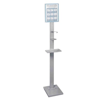 38189-A-01.JPG Piantana Per Barattolo Ø 100 Mm Max Con Mensola Porta Guanti O Mascherine 25x153x30 Cm Igienizzanti E Protezioni