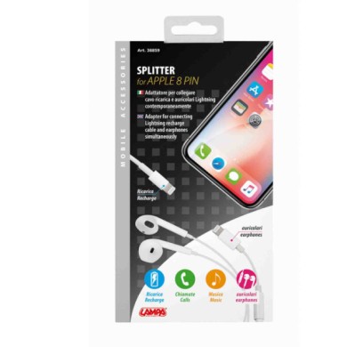 38859-C-01.JPG Splitter Adattatore Per Collegare Cavo Ricarica E Auricolari Apple Lightning/8 30 Pin Cavi