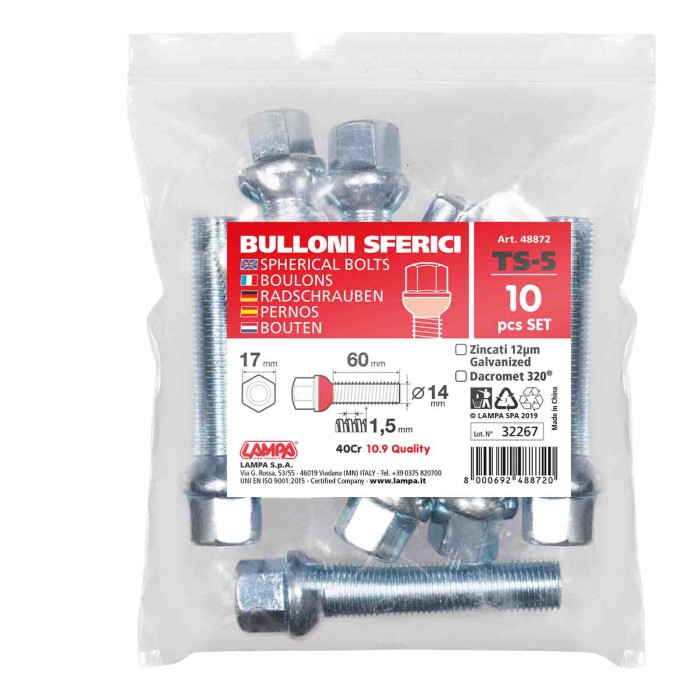 48872-S-01.JPG Set 10 Bulloni Sferici Ts5 Busta Bulloneria Distanziali Ruota