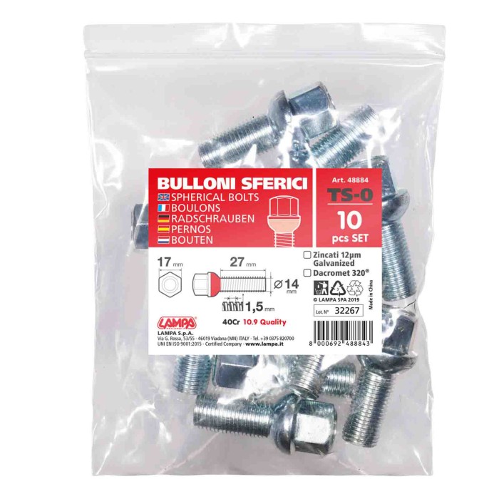 48884-S-01.JPG Set 10 Bulloni Sferici Ts0 Busta Bulloneria Distanziali Ruota