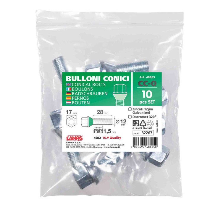 48885-S-01.JPG Set 10 Bulloni Conici Corti Cc0 Busta Bulloneria Distanziali Ruota