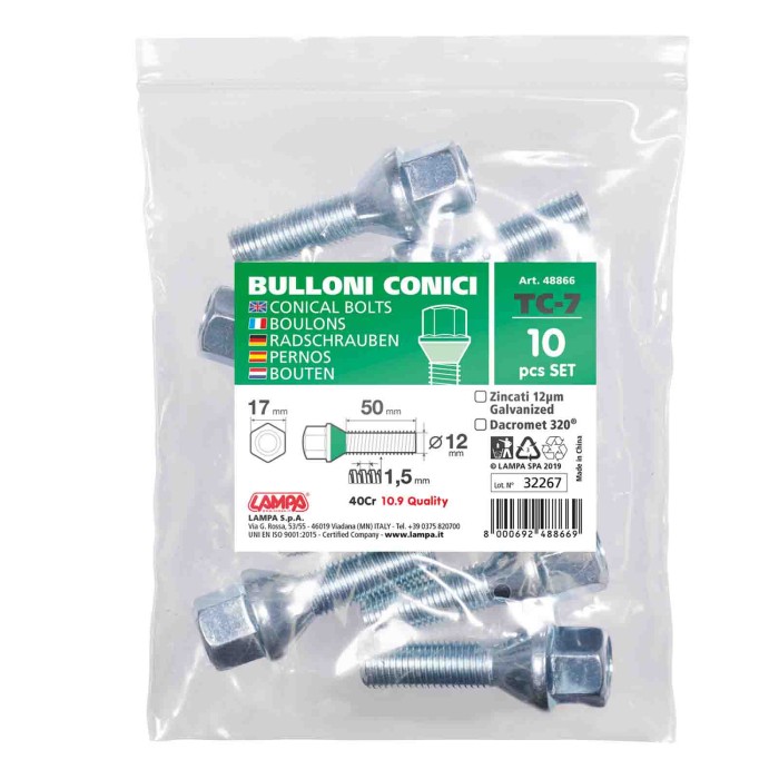 48886-S-01.JPG Set 10 Bulloni Conici Corti Cc1 Busta Bulloneria Distanziali Ruota
