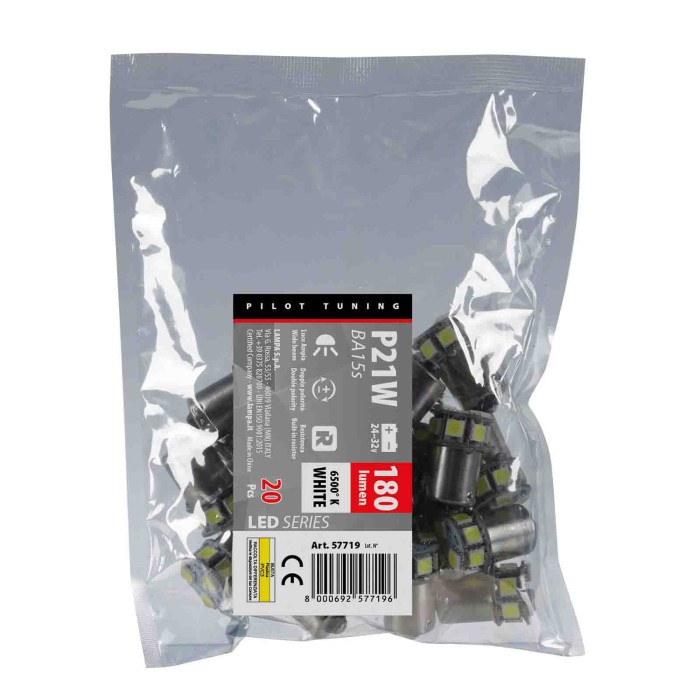 57719-S-01.JPG 24/32v Led Series 10 Smd X 1 Chip (p21w) Ba15s 20 Pz Busta Bianco Doppia Polarità Resistenza Incorporata Lampadin