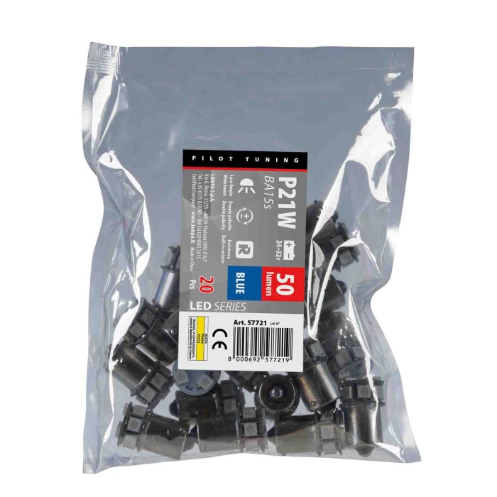 57721-S-01.JPG 24/32v Led Series 10 Smd X 1 Chip (p21w) Ba15s 20 Pz Busta Blu Doppia Polarità Resistenza Incorporata Lampadine A
