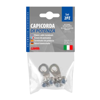69924-C-01.JPG Set 2 Pz Capicorda Di Potenza In Ottone Nichelato Con Fissaggio Cavo A Piastrina Sezione 16 Mm² Foro 8 Mm Morsett