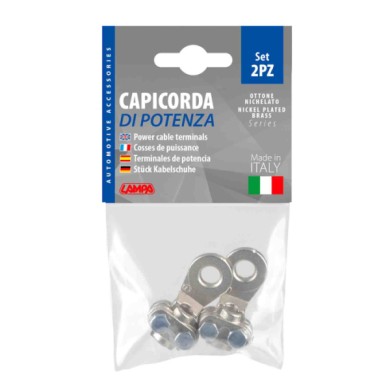 69925-C-01.JPG Set 2 Pz Capicorda Di Potenza In Ottone Nichelato Con Fissaggio Cavo A Piastrina Sezione 25 Mm² Foro 8 Mm Morsett