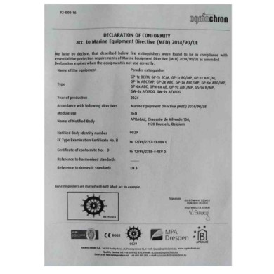 CONFORMITA'_ESTINTORE.jpg Estintore 1 Kg Con Manometro E Sicura Omologato Med Per Auto Camper Barca