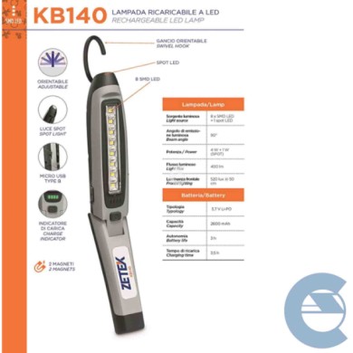 KB140---2.jpg Lampada Led Orientabile Ricaricabile 400 Lumen Con Magnete E Porta Usb