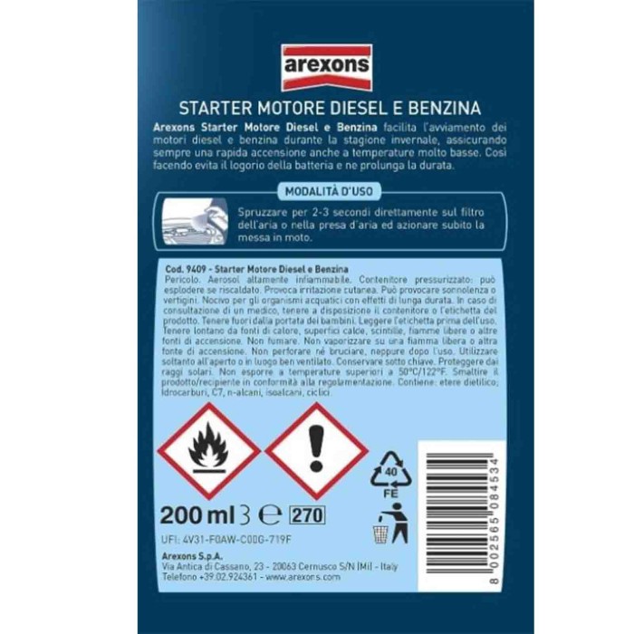 9409_3.jpg Arexons Starter Motore Diesel E Benzina 9409 Cartone Intero 12 Pezzi X 200ml Avviamento Facile