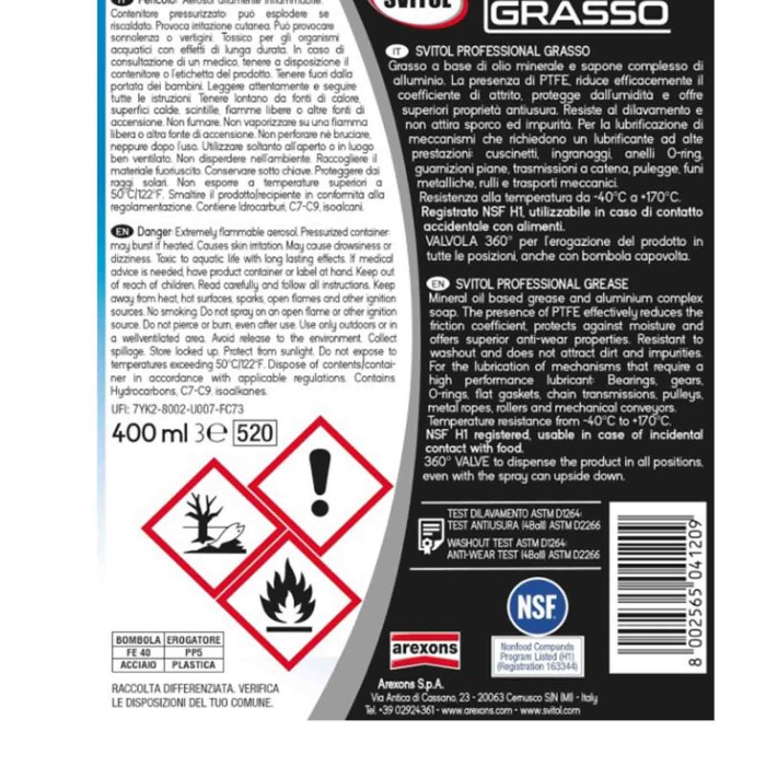 ARE1.jpg Arexons 4363 Lubrificante Professional Grasso 400 Ml. Con Erogatore A Cannuccia