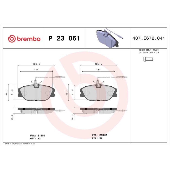 P23061_2.JPG Kit pastiglie freno, Freno a disco P 23 061 BREMBO per PEUGEOT CITROEN FIAT