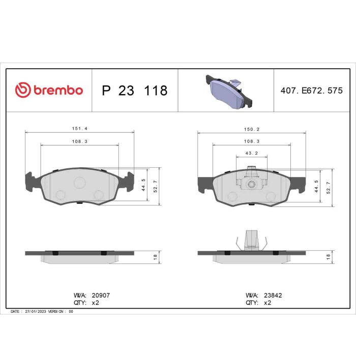 P23118_2.JPG Kit pastiglie freno, Freno a disco P 23 118 BREMBO per FIAT