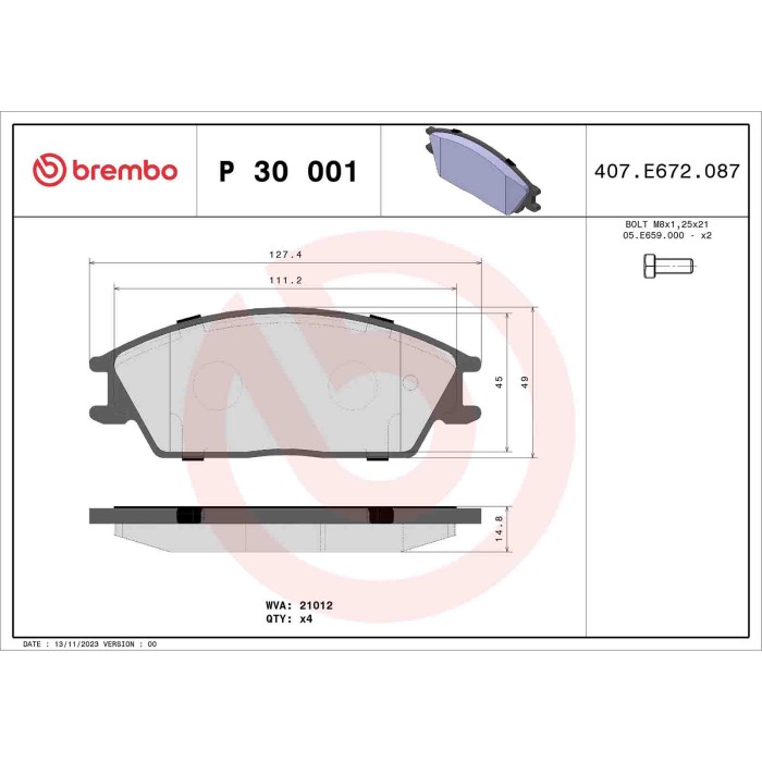 P30001_2.JPG Kit pastiglie freno, Freno a disco P 30 001 BREMBO per HONDA HYUNDAI
