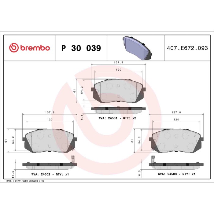 P30039_2.JPG Kit pastiglie freno, Freno a disco P 30 039 BREMBO per HYUNDAI KIA