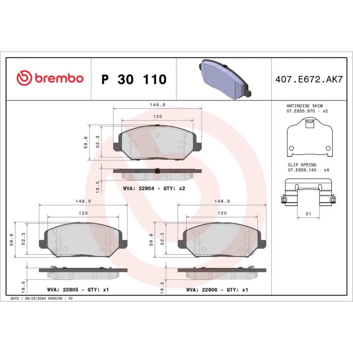 P30110_2.JPG Kit pastiglie freno, Freno a disco P 30 110 BREMBO per HYUNDAI KIA