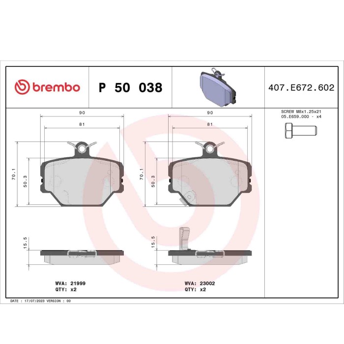 P50038_2.JPG Kit pastiglie freno, Freno a disco P 50 038 BREMBO per SMART
