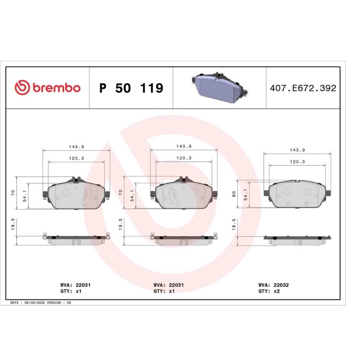P50119_2.JPG Kit pastiglie freno, Freno a disco P 50 119 BREMBO per MERCEDES-BENZ