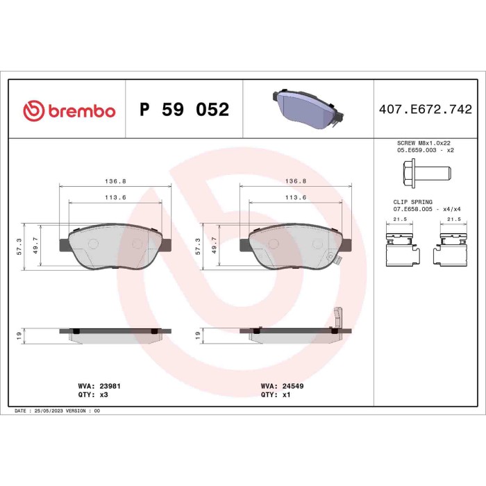 P59052_2.JPG Kit pastiglie freno, Freno a disco P 59 052 BREMBO per OPEL FIAT