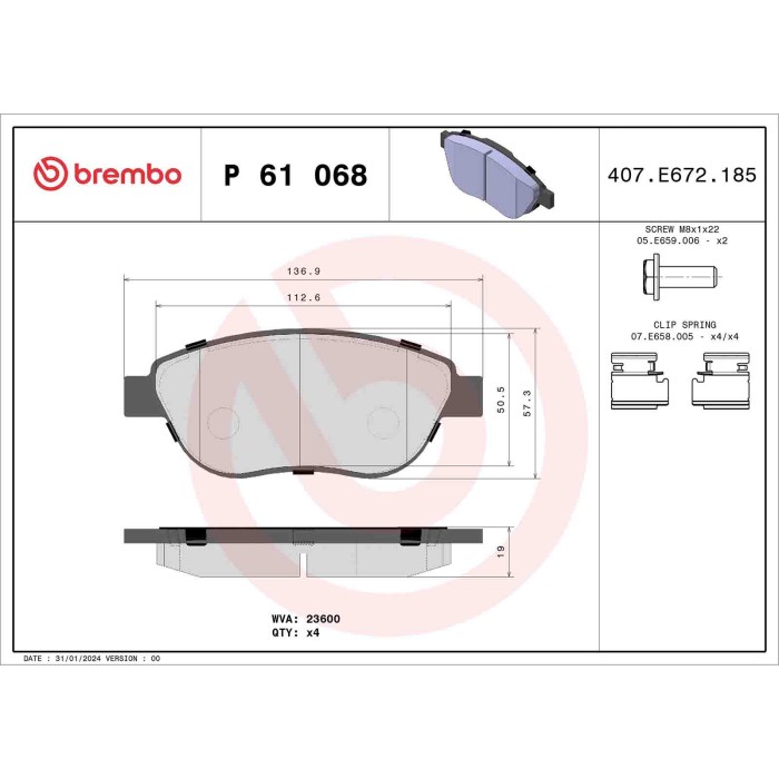 P61068_2.JPG Kit pastiglie freno, Freno a disco P 61 068 BREMBO per PEUGEOT CITROEN