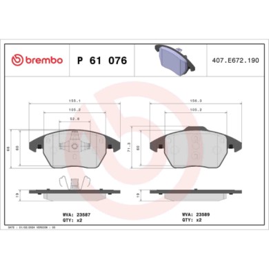 P61076_2.JPG Kit pastiglie freno, Freno a disco P 61 076 BREMBO per PEUGEOT CITROEN AUDI VW