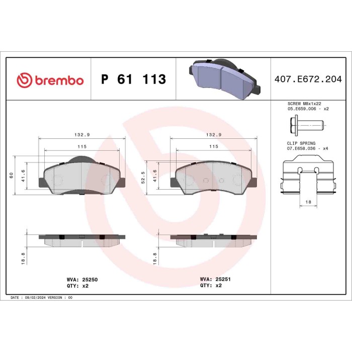P61113_2.JPG Kit pastiglie freno, Freno a disco P 61 113 BREMBO per PEUGEOT CITROEN