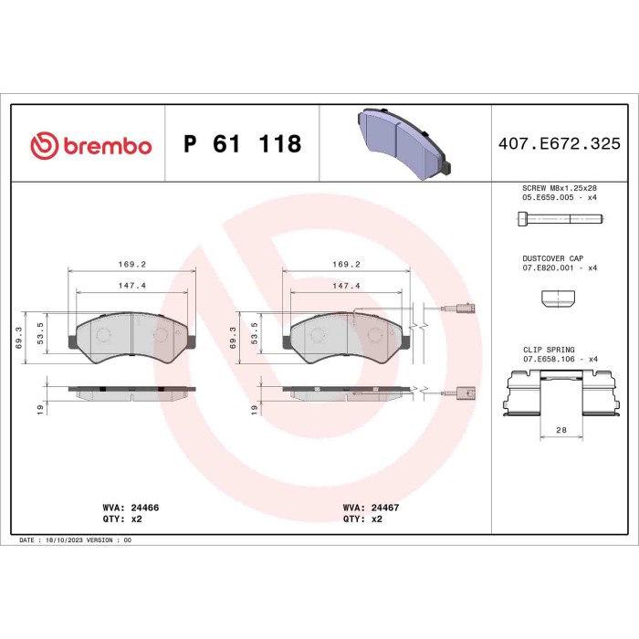 P61118_2.JPG Kit pastiglie freno, Freno a disco P 61 118 BREMBO per PEUGEOT CITROEN OPEL FIAT