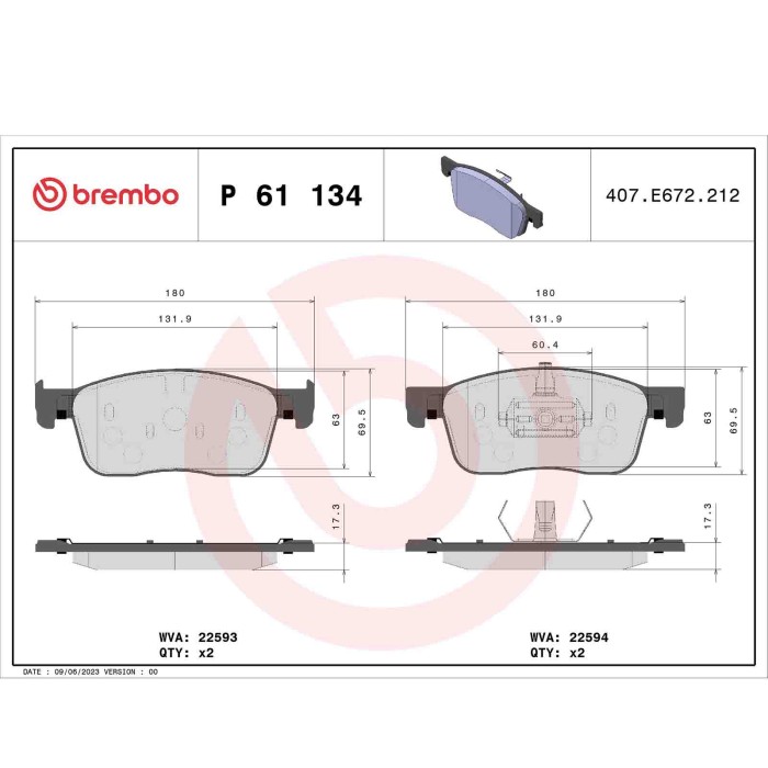 P61134_2.JPG Kit pastiglie freno, Freno a disco P 61 134 BREMBO per PEUGEOT CITROEN TOYOTA
