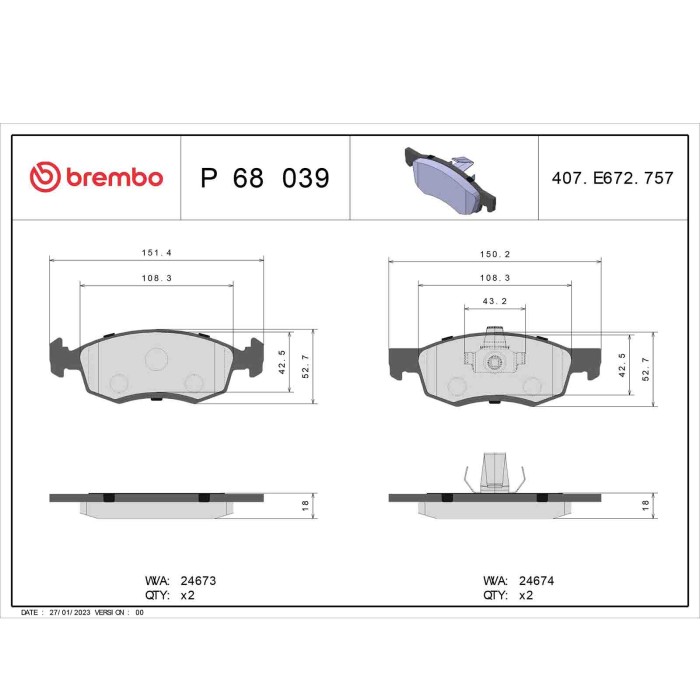 P68039_2.JPG Kit pastiglie freno, Freno a disco P 68 039 BREMBO per RENAULT DACIA