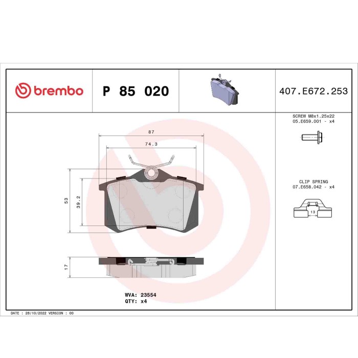 P85020_2.JPG Kit pastiglie freno, Freno a disco P 85 020 BREMBO per PEUGEOT CITROEN AUDI VW