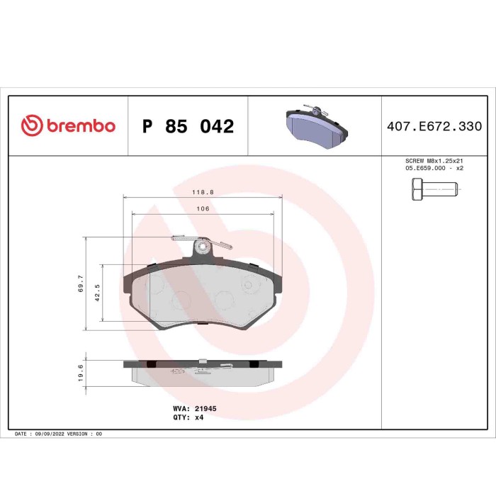 P85042_2.JPG Kit pastiglie freno, Freno a disco P 85 042 BREMBO per AUDI VW