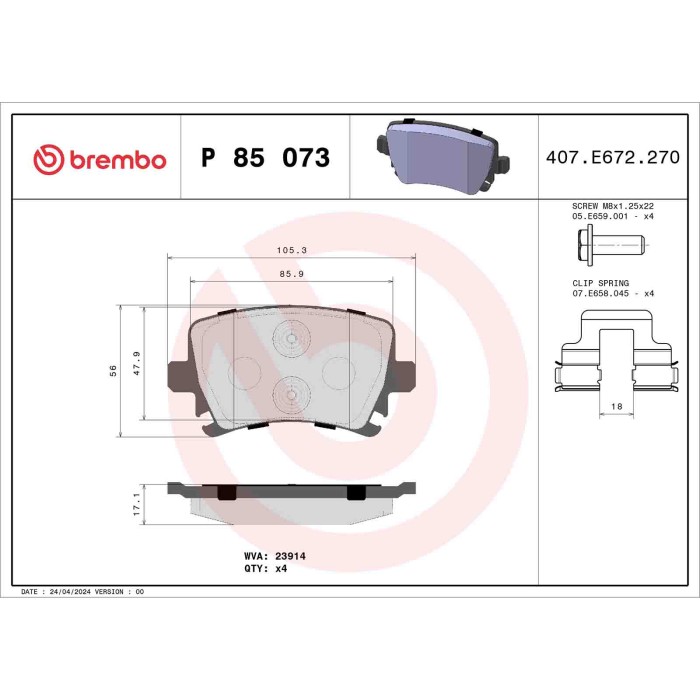 P85073_2.JPG Kit pastiglie freno, Freno a disco P 85 073 BREMBO per AUDI VW SEAT SKODA