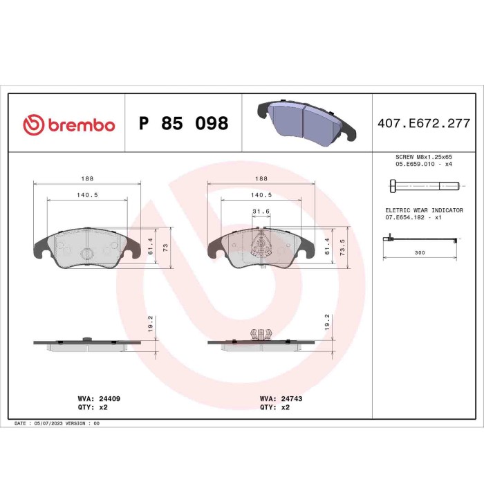 P85098_2.JPG Kit pastiglie freno, Freno a disco P 85 098 BREMBO per AUDI