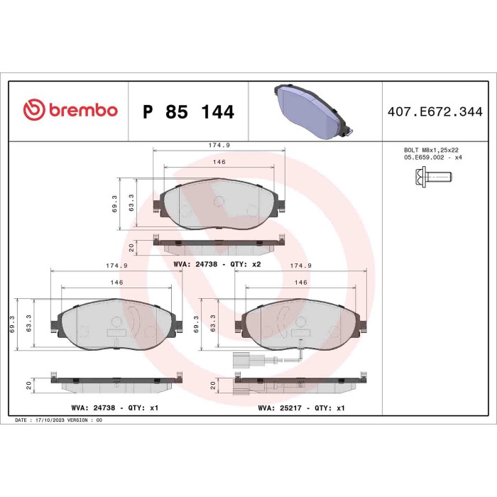 P85144_2.JPG Kit pastiglie freno, Freno a disco P 85 144 BREMBO per AUDI VW SEAT SKODA CUPRA