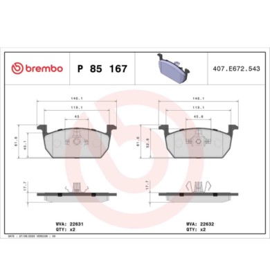P85167_2.JPG Kit pastiglie freno, Freno a disco P 85 167 BREMBO per AUDI VW SEAT SKODA