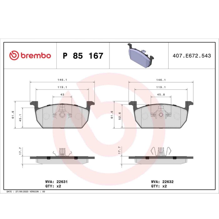 P85167_2.JPG Kit pastiglie freno, Freno a disco P 85 167 BREMBO per AUDI VW SEAT SKODA