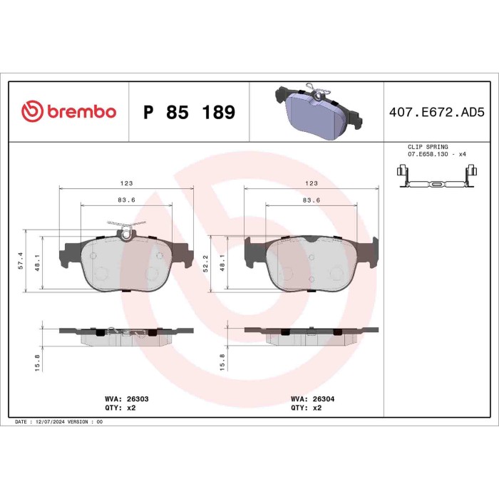 P85189_2.JPG Kit pastiglie freno, Freno a disco P 85 189 BREMBO per AUDI VW FORD SEAT SKODA