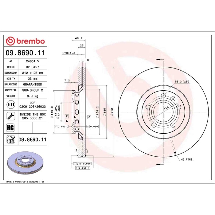 09869011_2.JPG Discofreno Singolo 09.8690.11 BREMBO per AUDI VW SEAT SKODA