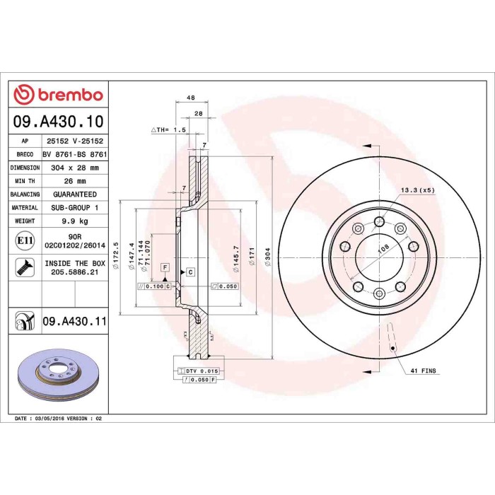 09A43011_2.JPG Discofreno Singolo 09.A430.11 BREMBO per PEUGEOT CITROEN TOYOTA FIAT