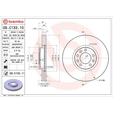 09C13311_2.JPG Coppia Dischi Freno 09.C133.11 BREMBO per PEUGEOT CITROEN TOYOTA OPEL DS VAUXHALL