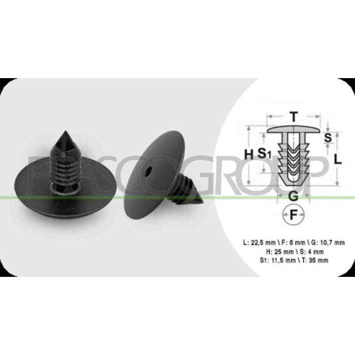 NEUTRO.jpg Clips Fissaggio Pannelli (6 Pezzi) Lunghezza 22.5 Mm Larghezza 4 Mm Testa 35 Mm Foro 8 Mm DACIA LOGAN Dal 06/2005 Al 