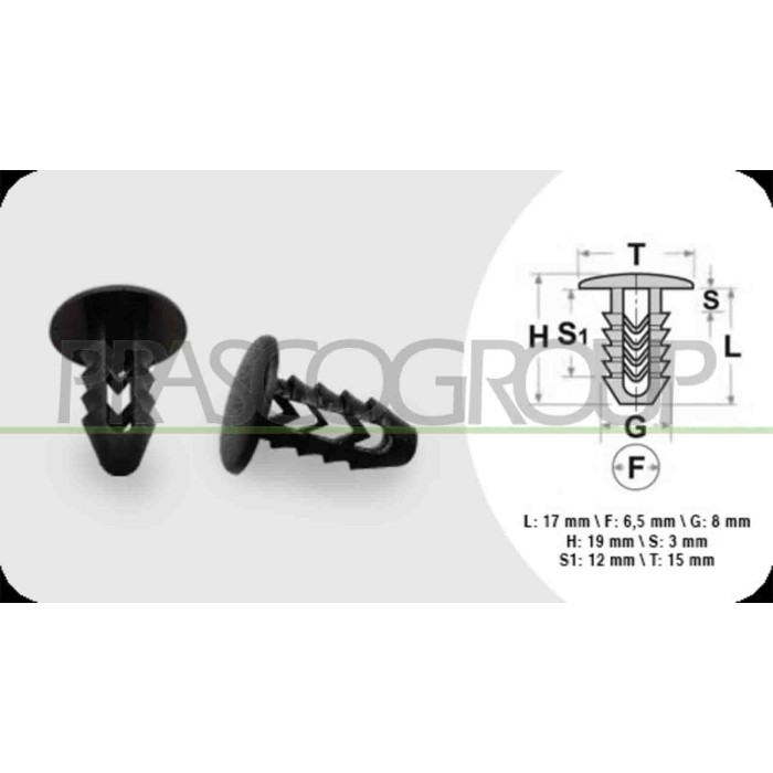 NEUTRO.jpg Clips Fissaggio Pannelli Lunghezza 17 Mm Larghezza 3 Mm Testa 15 Mm Foro 6,50 Mm ALFA ROMEO 147 Dal 10/2000 Al 11/200